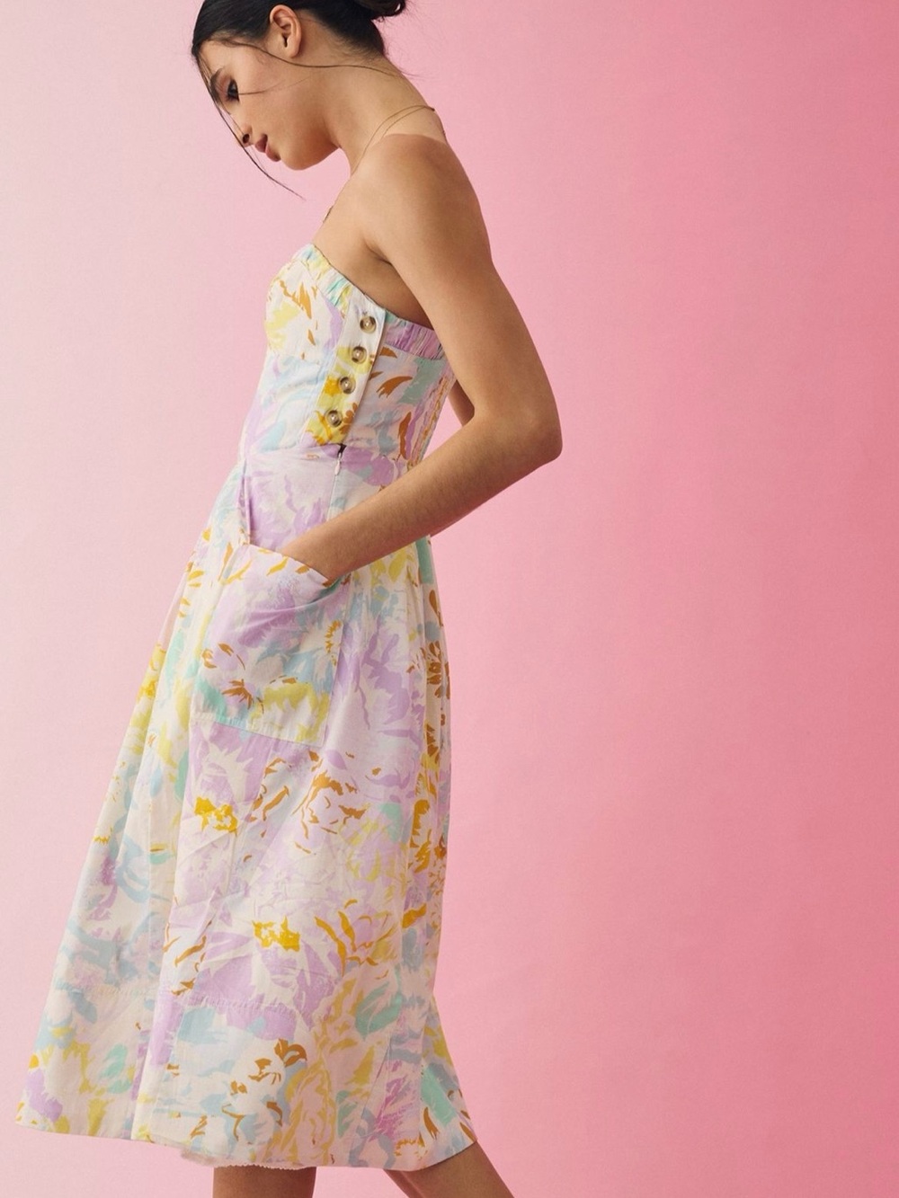 Maeve Pastel Floral Corset Sweetheart Midi Dress in Lavender, Yellow, Mint